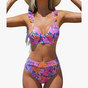 Cupshe Floral Bikini Set - Pink and Orange